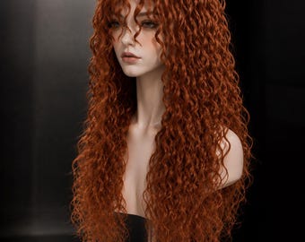 Peluca rizada pelirroja hecha a mano con flequillo, cabello de sirena rojo cobrizo, peluca ondulada voluminosa natural para el estilo bohemio diario.