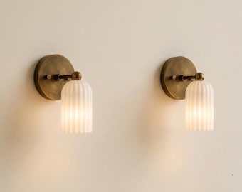 Mid Century Modern Brass Alabaster Wall Sconce, Fluted Light Fixture, Bathroom Vanity Lamp