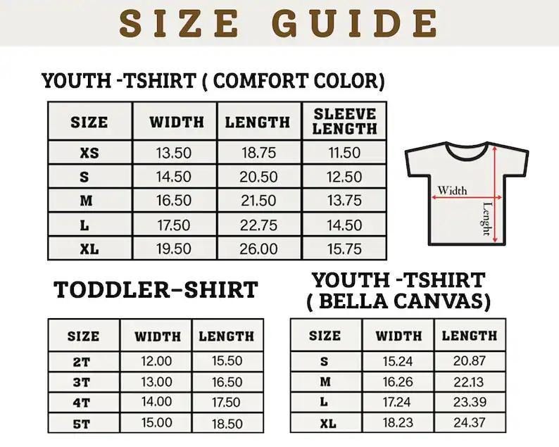 May include: A size guide for youth and toddler t-shirts, with measurements in inches. The guide includes size charts for Comfort Color and Bella Canvas brands, detailing width, length, and sleeve length for various sizes, from XS to XL.
