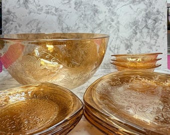Jeannette Floragold Louisa Marigold Iridescent Glass Set 12 Pc Vintage 1950s Carnival Plates Bowls
