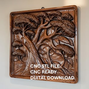 Swirling Tree of Life 3D Model STL, Nature Wall Decor, CNC Files for Wood Carving, Bas Relief Twisted Trunk Art, Square Panel, Wood CNC Gift