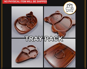 May include: A digital file pack featuring four wooden tray designs: a whale, a bear, an ice cream cone, and a square tray. The text "TRAY PACK" is displayed. The image also includes the text "DIGITAL FILE ONLY NO PHYSICAL ITEM WILL BE SHIPPED".
