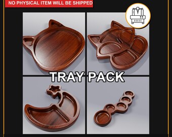 May include: A digital file pack featuring four wooden tray designs. The trays include a cat-shaped tray, a tray with multiple compartments, a crescent moon and star tray, and a tray with connected circular compartments. The text "TRAY PACK" is visible.