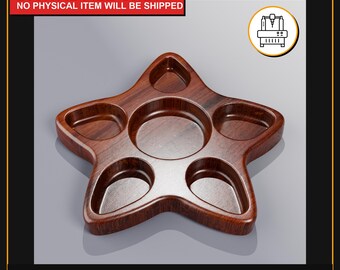 May include: A star-shaped wooden tray with five circular indentations and a central larger one. The tray is a rich brown color and has a smooth finish. The text "DIGITAL FILE ONLY NO PHYSICAL ITEM WILL BE SHIPPED" is at the top. The bottom text says "STL | BLEND |USDZ |GLB |OBJ |FBX |3MF FILE StudioINAN".