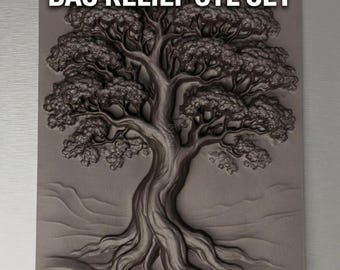 May include: A detailed bas-relief carving of a tree with a winding trunk and sprawling branches, set against a textured background. The text "TREE & NATURE BAS RELIEF STL SET" and "CNC Router Ready" are displayed in white.