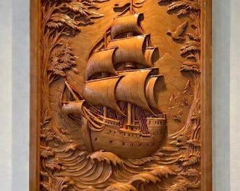 May include: A detailed wooden carving of a sailing ship at sea, framed by trees and waves. The artwork features a three-masted ship with billowing sails, set against a backdrop of stylized waves and foliage. The text "CNC READY STL FILE DIGITAL DOWNLOAD" is at the bottom.