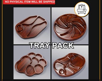 May include: A digital product image showcasing four wooden trays with various compartment designs. The trays are a rich brown color and feature unique shapes, including a circular design and a tray with multiple small compartments. The text "TRAY PACK" is displayed prominently.