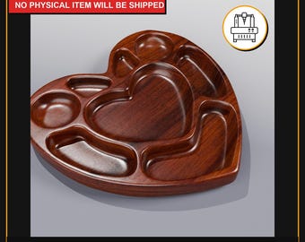 May include: A heart-shaped wooden serving tray with multiple compartments. The tray is a rich, dark brown color and features a smooth, polished finish. The text "DIGITAL FILE ONLY NO PHYSICAL ITEM WILL BE SHIPPED" is visible. The tray is designed for serving snacks or appetizers.