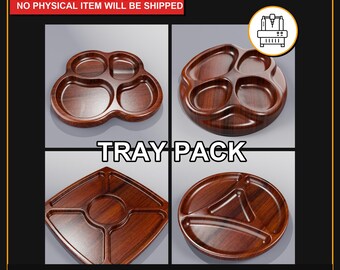 May include: A digital file pack featuring four wooden trays in various shapes: a cloverleaf, a circular design, a square, and a round tray. The trays have a dark wood grain finish. The text "TRAY PACK" is displayed. The image also includes the text "DIGITAL FILE ONLY NO PHYSICAL ITEM WILL BE SHIPPED".