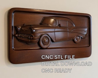 May include: A brown wooden relief carving of a classic car, mounted on a rectangular frame. The car is a vintage model with detailed features. The text "CNC STL FILE, DIGITAL DOWNLOAD, CNC READY" is visible.