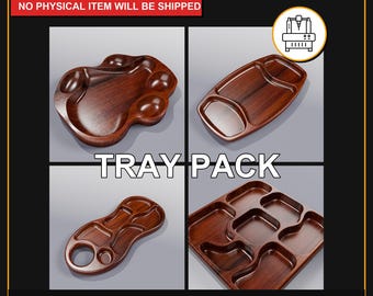 May include: A digital file pack featuring four wooden trays in various designs. The trays are brown with a polished finish. The image includes text that reads "TRAY PACK" and "DIGITAL FILE ONLY NO PHYSICAL ITEM WILL BE SHIPPED".