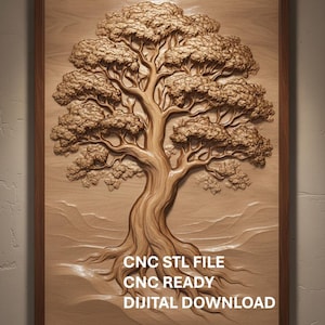 May include: A detailed wooden relief carving of a tree with a textured trunk, branches, and foliage. The artwork is framed in a dark brown wooden frame. The text "CNC STL FILE, CNC READY, DIGITAL DOWNLOAD" is displayed at the bottom.