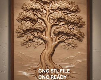 May include: A detailed wooden relief carving of a tree with a textured trunk, branches, and foliage. The artwork is framed in a dark brown wooden frame. The text "CNC STL FILE, CNC READY, DIGITAL DOWNLOAD" is displayed at the bottom.