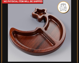 May include: A wooden serving tray with a star-shaped section and a crescent moon design. The tray is divided into three sections and has a rich, dark brown color. The text "DIGITAL FILE ONLY NO PHYSICAL ITEM WILL BE SHIPPED" is visible.