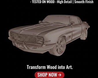May include: A 3D rendering of a classic car, likely for CNC machining. The image features a detailed, smooth finish, with text that reads "PREMIUM CNC STL CLASSIC CAR RELIEF - TESTED ON WOOD - High Detail | Smooth Finish". The image also includes the text "Transform Wood into Art. SHOP NOW".