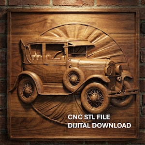 May include: A detailed wooden carving of a vintage car, set against a sunburst design. The car is a classic model with intricate details on the wheels, body, and windows. The text "CNC STL FILE DIGITAL DOWNLOAD" is at the bottom.