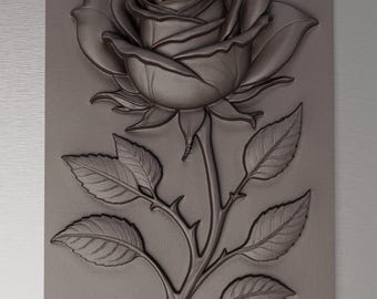 May include: A detailed, monochromatic relief carving of a rose in full bloom, complete with leaves and thorns, set against a rectangular background. The text "CNC READY STL FILE VETRIC & VCARVE" is visible at the bottom.