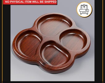May include: A wooden serving tray with four connected compartments. The tray is a rich, dark brown color and has a smooth, polished finish. The text "DIGITAL FILE ONLY NO PHYSICAL ITEM WILL BE SHIPPED" is at the top. The bottom of the image has the text "STL | BLEND | USDZ | GLB | OBJ | FBX | 3MF FILE StudioINAN".