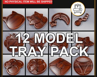 May include: A collection of twelve wooden tray models in various shapes, including a cat, fox, star, and paw print. The image includes the text "12 MODEL TRAY PACK" and "DIGITAL FILE ONLY, NO PHYSICAL ITEM WILL BE SHIPPED".