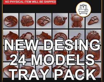 May include: A digital file pack featuring 24 wooden tray models in various shapes, including animals and geometric designs. The image includes the text "NEW DESIGN 24 MODELS TRAY PACK" and file format options.