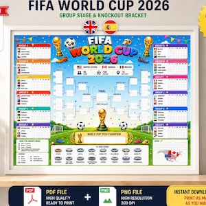 Può includere: Un tabellone murale per la FIFA World Cup 2026 con la fase a gironi e il tabellone a eliminazione diretta. Il poster mostra 48 squadre, 104 partite e 16 città ospitanti negli Stati Uniti, Canada e Messico. Include un tabellone centrale del torneo, un'illustrazione del trofeo dorato e una mappa del Nord America con le bandiere nazionali.
