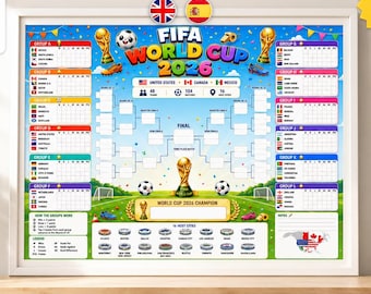 Tabella murale stampabile in PDF per la Coppa del Mondo 2026, poster del torneo di calcio per bambini, Mondiali FIFA 2026, calendario della Coppa del Mondo di calcio, bonus spagnolo