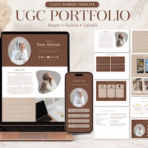 May include: A digital UGC portfolio template displayed on a laptop and smartphone. The design features a brown and white color scheme with the text "UGC PORTFOLIO" and "Beauty, Fashion, Lifestyle." The laptop screen shows a portrait of Sara Meftah.
