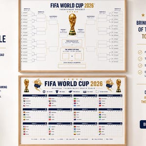 以下が含まれることがあります： 2026年FIFAワールドカップのA4 PDFポスター2枚。上のポスターはトロフィーの画像付きトーナメント表を表示。下のポスターは、国旗とチーム名がグリッド状に配置された公式グループ表を表示。