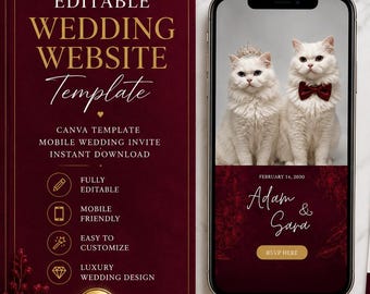 Canvaのウェブサイトテンプレート（結婚式用）、高級結婚式招待状テンプレート（バーガンディ）、アニメーション付き猫の招待状、編集可能な結婚式招待状（猫好き向け）
