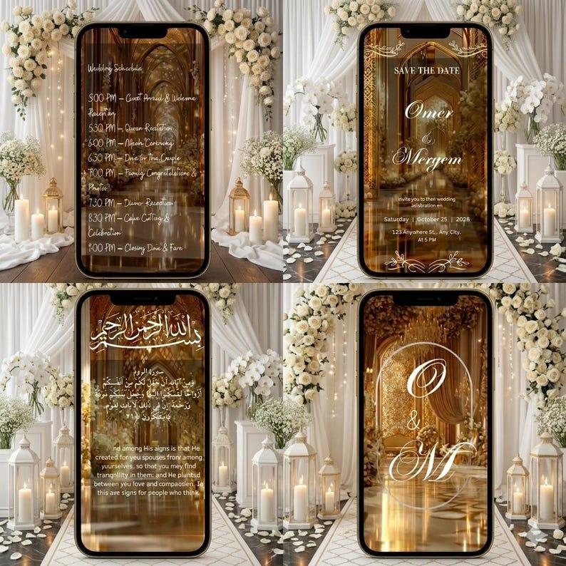 May include: Four smartphone screens displaying wedding-themed designs. One screen shows a wedding schedule, another a "Save the Date" announcement, a third features Arabic text, and the last displays initials. The background includes floral arrangements and candles.