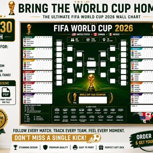 May include: A 40x30 inch FIFA World Cup 2026 wall chart featuring a tournament bracket, group stage tables for groups A through L, the 16 host cities, and the World Cup trophy icon. The design includes a dark green background with white text.