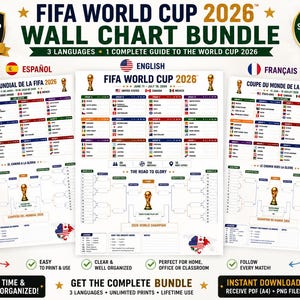 Op de afbeelding: Een FIFA World Cup 2026 wandkaartbundel met drie afzonderlijke toernooi-planners in het Engels, Spaans en Frans. Elke kaart bevat groepstabellen, nationale vlaggen, een knock-outschema en een afbeelding van de wereldbeker-trofee.