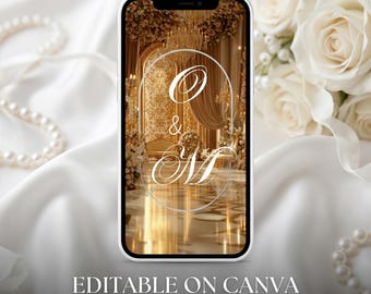 Nikkah Invitation Video, Muslim Wedding, Digital Islamic invitation, Canva Islamic Marriage Mobile Template, Luxury Gold, Arabic Basmala