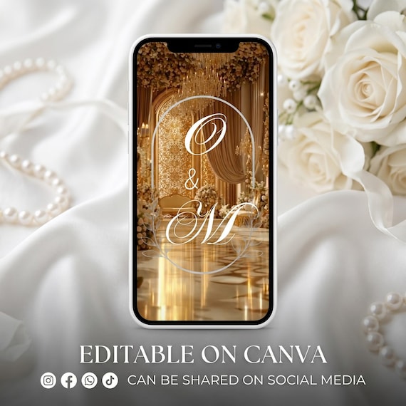 Nikkah Invitation Video, Muslim Wedding, Digital Islamic invitation, Canva Islamic Marriage Mobile Template, Luxury Gold, Arabic Basmala