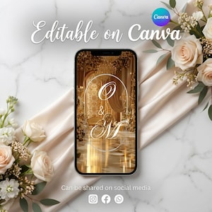 May include: A smartphone displays a golden wedding invitation design with the letters "O & M" in an elegant script. The phone is surrounded by cream-colored roses, greenery, and a satin cloth, with the text "Editable on Canva" and social media icons.