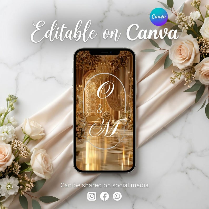 May include: A smartphone displays a golden wedding invitation design with the letters "O & M" in an elegant script. The phone is surrounded by cream-colored roses, greenery, and a satin cloth, with the text "Editable on Canva" and social media icons.