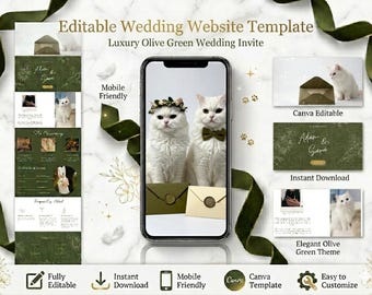 Canvaウェディングウェブサイトテンプレート（オリーブグリーン）、アニメーション猫招待状、編集可能なCanvaウェディングウェブサイト、デジタルラグジュアリーヴィンテージウェディング招待状