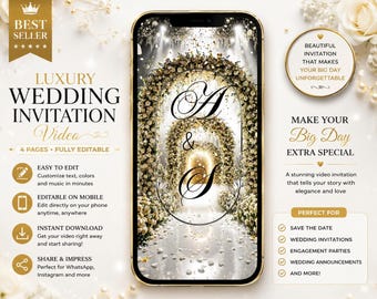イスラムの結婚式招待状、ニッカ招待状ビデオ、ムスリムの結婚式、Canva イスラムの結婚式デジタル編集可能モバイルテンプレート、ラグジュアリーホワイト、