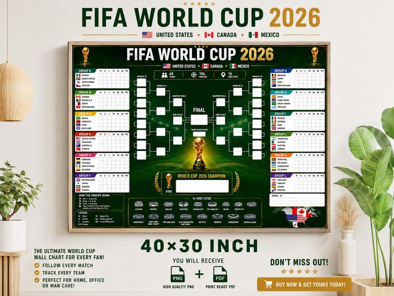 May include: A rectangular FIFA World Cup 2026 wall chart poster featuring a dark green background, a central tournament bracket, group stage tables for groups A through L, and a map of the United States, Canada, and Mexico. The text reads FIFA WORLD CUP 2026.