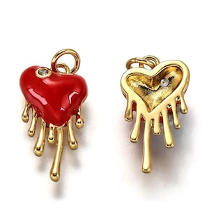 Pendentif cœur rouge émaillé breloque cœur rouge en laiton plaqué or longueur de 17 mm