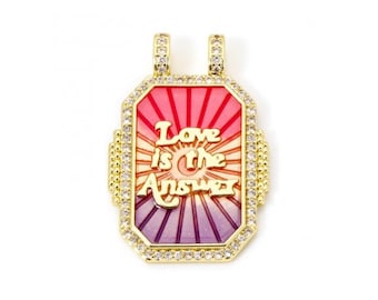 Pendentif Rectangle Rayons de Soleil Message " Love Is The Answer  en Laiton Plaqué Or 18K et Émail