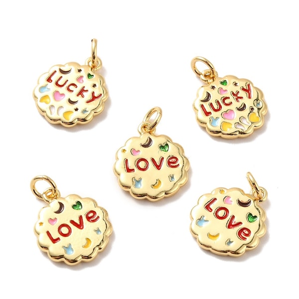 Pendentif rond avec mot love ou lucky 13 mm émaillé breloque porte bonheur plaqué or 18 k