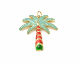 Pendentif cocotier émaillé multicolore en laiton plaqué or 18K, breloque palmier pour création bijoux