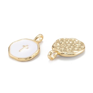 Pendentif rond motif croix plaqué or pendentif émaillé blanc 18 mm