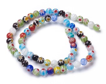 1 Fil Perles millefiori 6mm perles rondes verre millefiori
