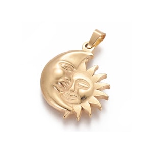 Pendentif soleil et lune acier inoxydable doré 32 mm
