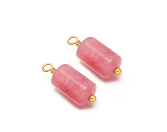 2 Hangers en Jade Rose Naturel Pierre Cylindrique Attache en Acier Inoxydable Doré