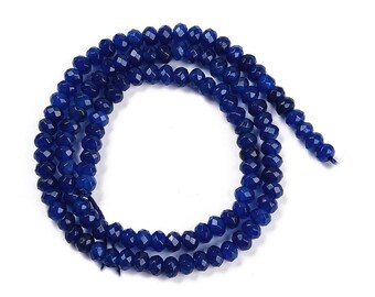 Perles jade naturel teinté bleu, rondelles facettées, fil de perles 4 mm pour création bijoux