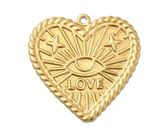 Pendentif cœur en laiton brut 30 mm cœur love cœur doré cœur avec œil protecteur