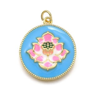 Pendentif Émaillé Fleur de Lotus Bleu Ciel & Rose